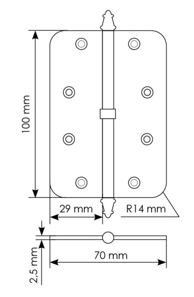 Петля разъемная MS-C 100X70X2.5 SG L левая с коронкой скругленная, врезная, цвет мат.золото, сталь