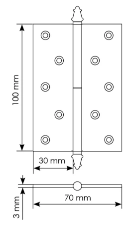 Петля разъемная латунная карточная MB 100X70X3 SN L C  с коронкой левая, врезная, цвет белый никель